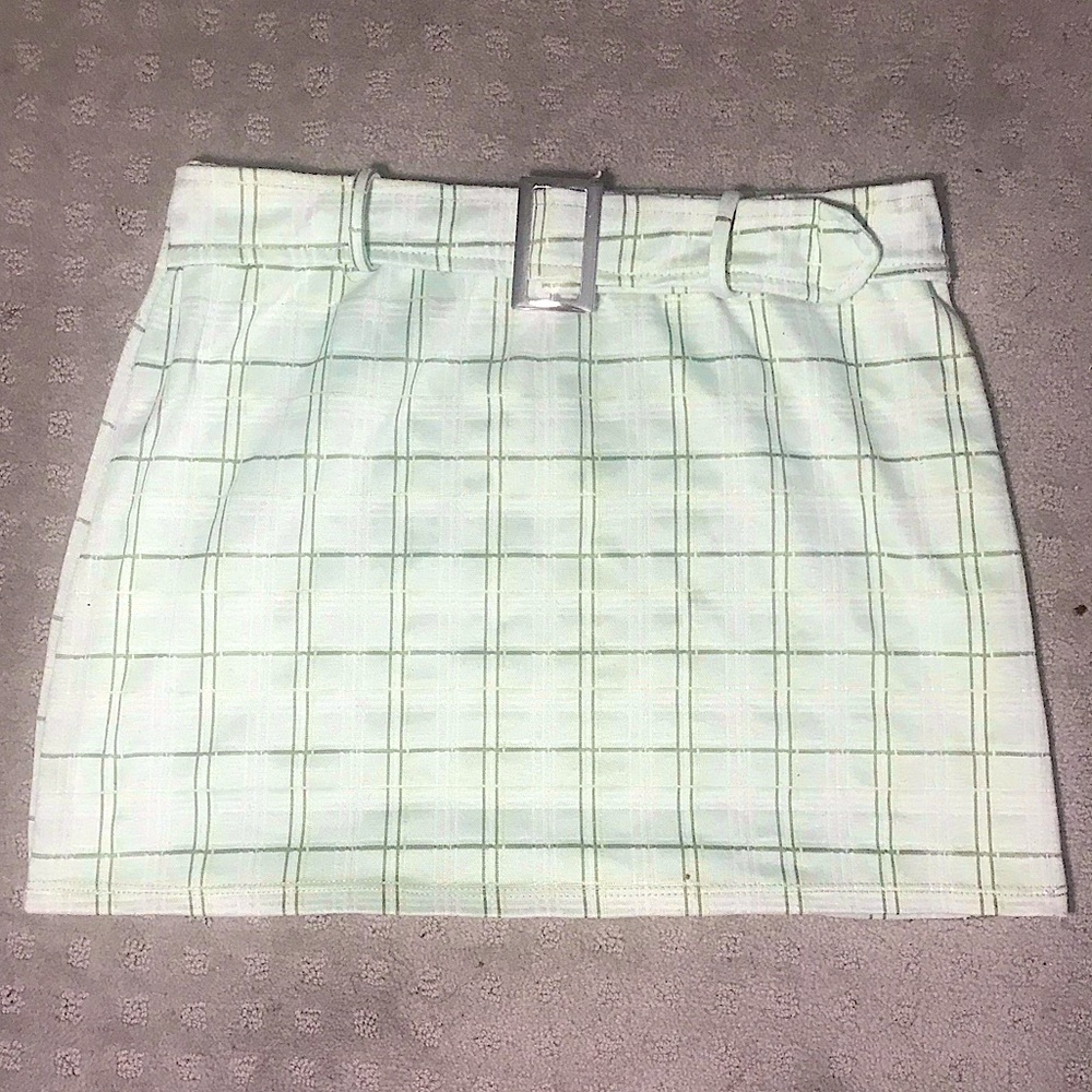 Pastel Green Plaid Skirt with Silver Buckle